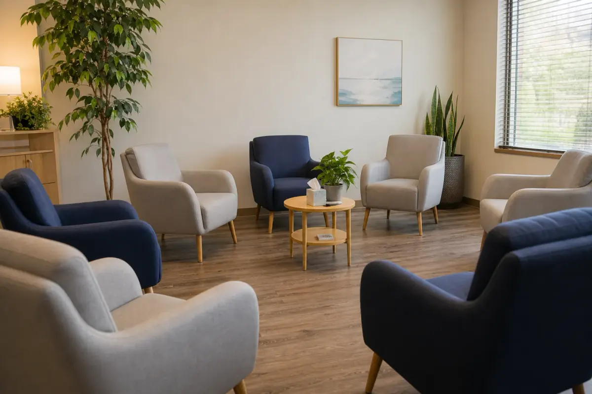 Comfortable clinic meeting room arranged for group support